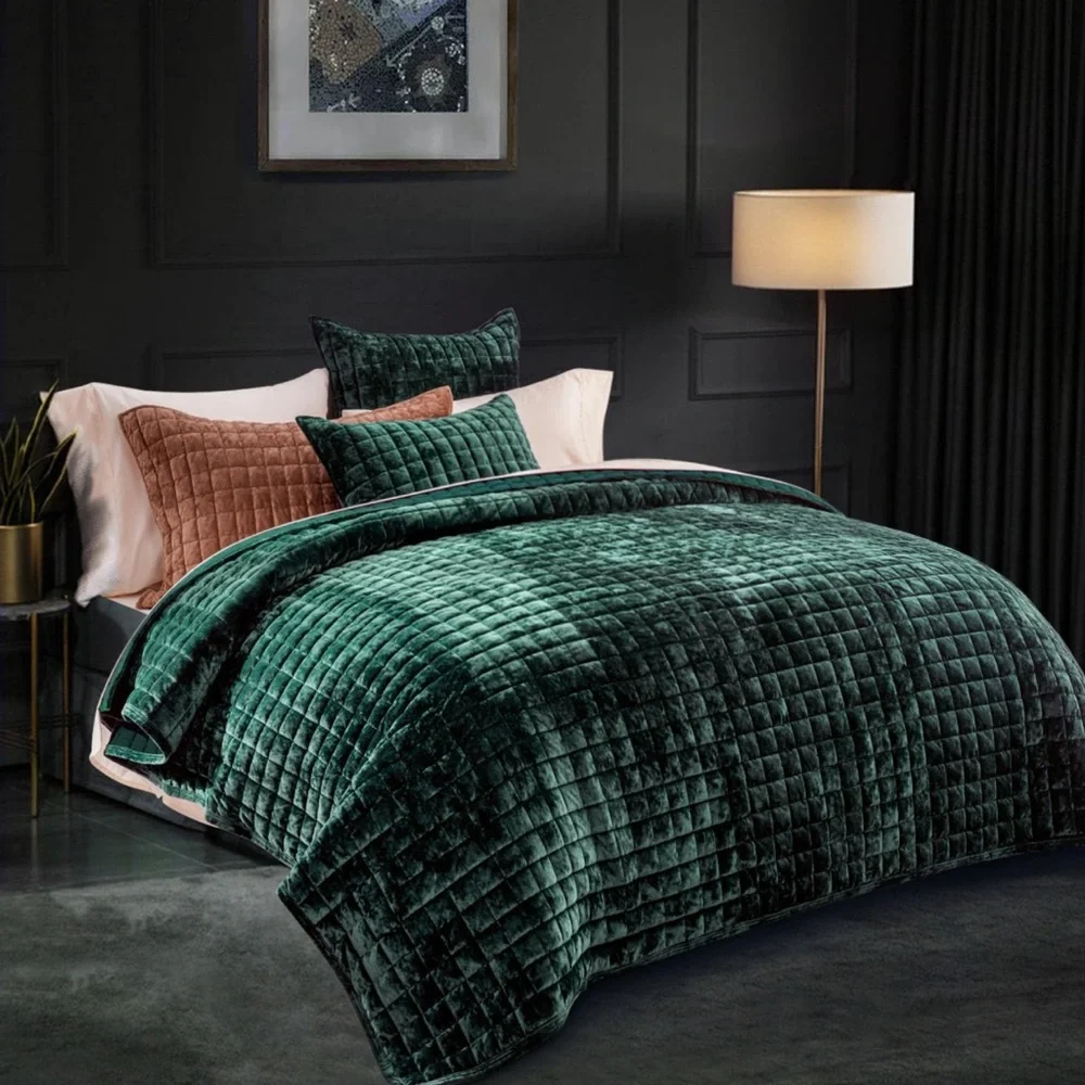 🆕 Green Velvet King SET Bedding Velour Luxury Soft Hotel Glam Emerald Jewel NWT